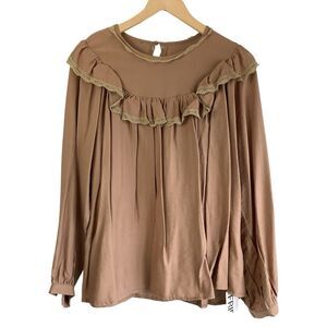 Long Sleeve Tunic Top Women XL Tan Lace Boho Chic Bohemian Peasant Fall Festival